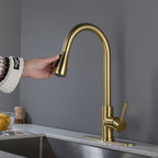 Brushed Gold Kitchen Faucet with Pull-Down Sprayer | Single Handle High Arc 360° Swivel Spout | 3-Spray Modes