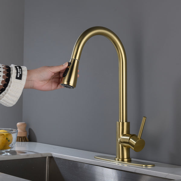 Brushed Gold Kitchen Faucet with Pull-Down Sprayer | Single Handle High Arc 360° Swivel Spout | 3-Spray Modes