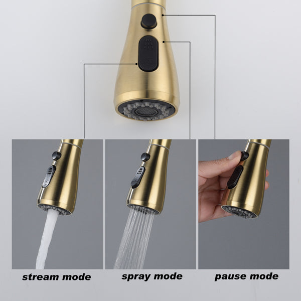 Brushed Gold Kitchen Faucet with Pull-Down Sprayer | Single Handle High Arc 360° Swivel Spout | 3-Spray Modes
