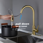 Brushed Gold Kitchen Faucet with Pull-Down Sprayer | Single Handle High Arc 360° Swivel Spout | 3-Spray Modes