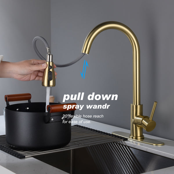 Brushed Gold Kitchen Faucet with Pull-Down Sprayer | Single Handle High Arc 360° Swivel Spout | 3-Spray Modes