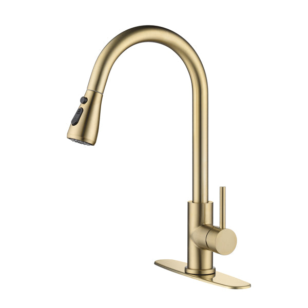 Brushed Gold Kitchen Faucet with Pull-Down Sprayer | Single Handle High Arc 360° Swivel Spout | 3-Spray Modes