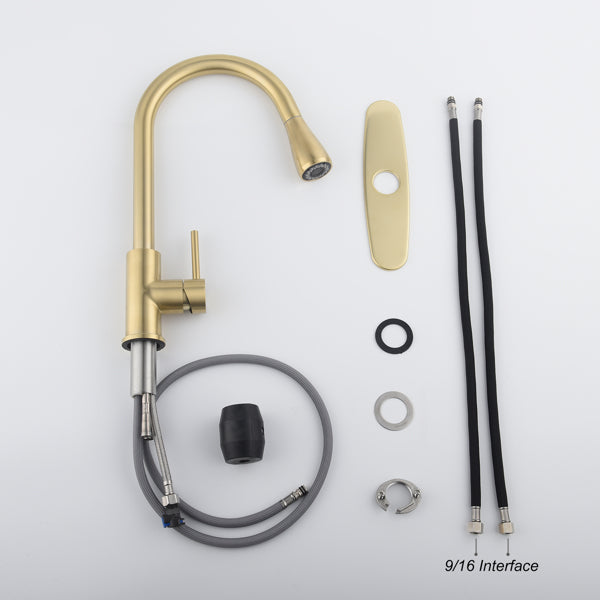 Brushed Gold Kitchen Faucet with Pull-Down Sprayer | Single Handle High Arc 360° Swivel Spout | 3-Spray Modes