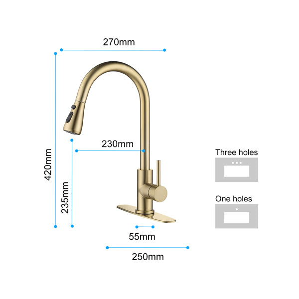 Brushed Gold Kitchen Faucet with Pull-Down Sprayer | Single Handle High Arc 360° Swivel Spout | 3-Spray Modes