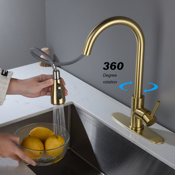 Brushed Gold Kitchen Faucet with Pull-Down Sprayer | Single Handle High Arc 360° Swivel Spout | 3-Spray Modes