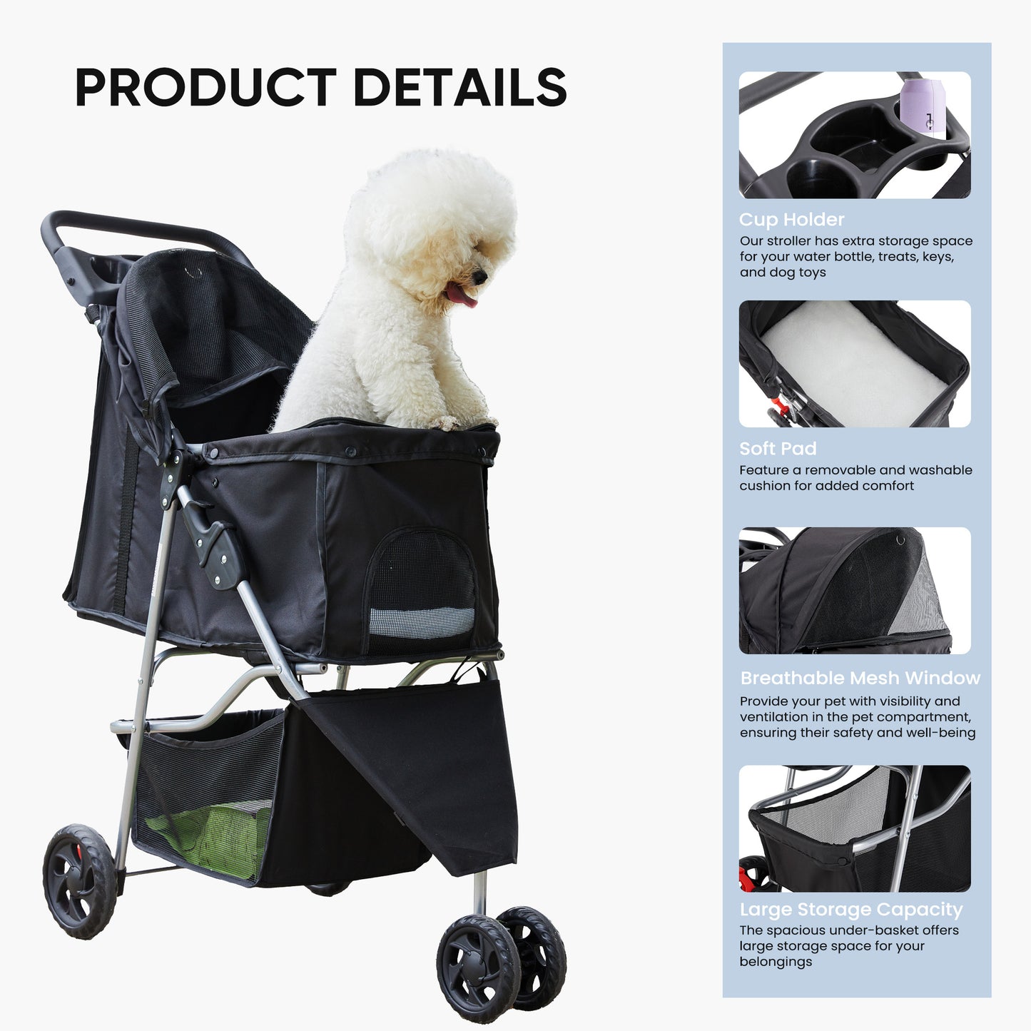 3-Wheel Pet Stroller for Dogs & Cats | Jogging Stroller with Storage