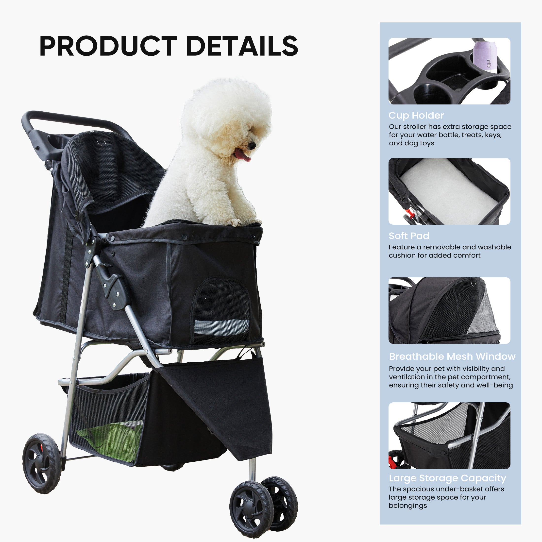 3-Wheel Pet Stroller for Dogs & Cats | Jogging Stroller with Storage