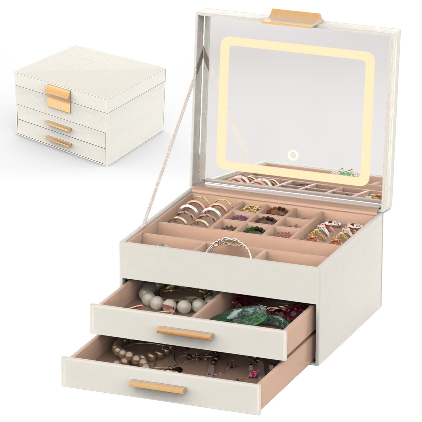 LED Lighted Jewelry Box Organizer | 3-Tier Storage with Touch Mirror & Velvet Lining | Gift for Her