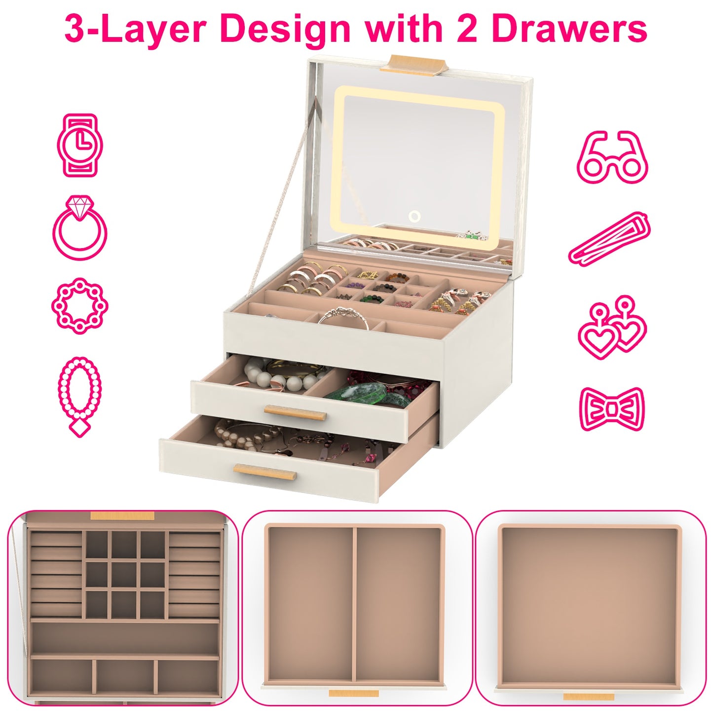 LED Lighted Jewelry Box Organizer | 3-Tier Storage with Touch Mirror & Velvet Lining | Gift for Her