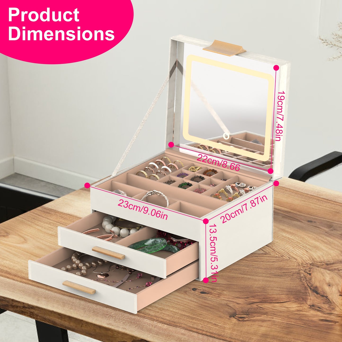 LED Lighted Jewelry Box Organizer | 3-Tier Storage with Touch Mirror & Velvet Lining | Gift for Her