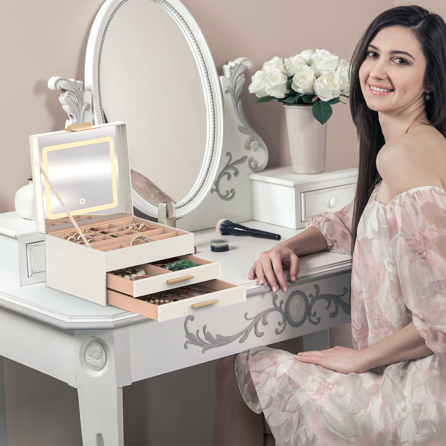 LED Lighted Jewelry Box Organizer | 3-Tier Storage with Touch Mirror & Velvet Lining | Gift for Her