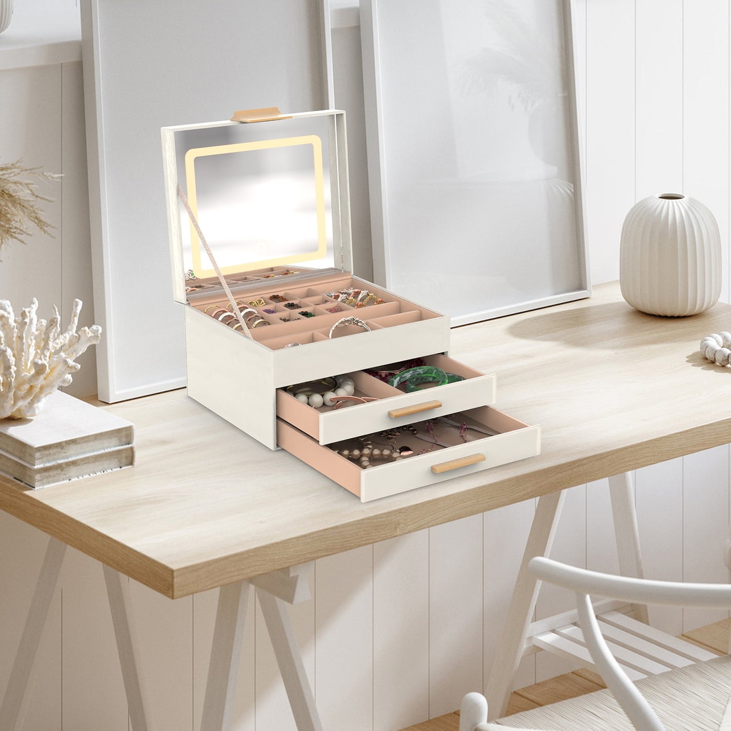 LED Lighted Jewelry Box Organizer | 3-Tier Storage with Touch Mirror & Velvet Lining | Gift for Her