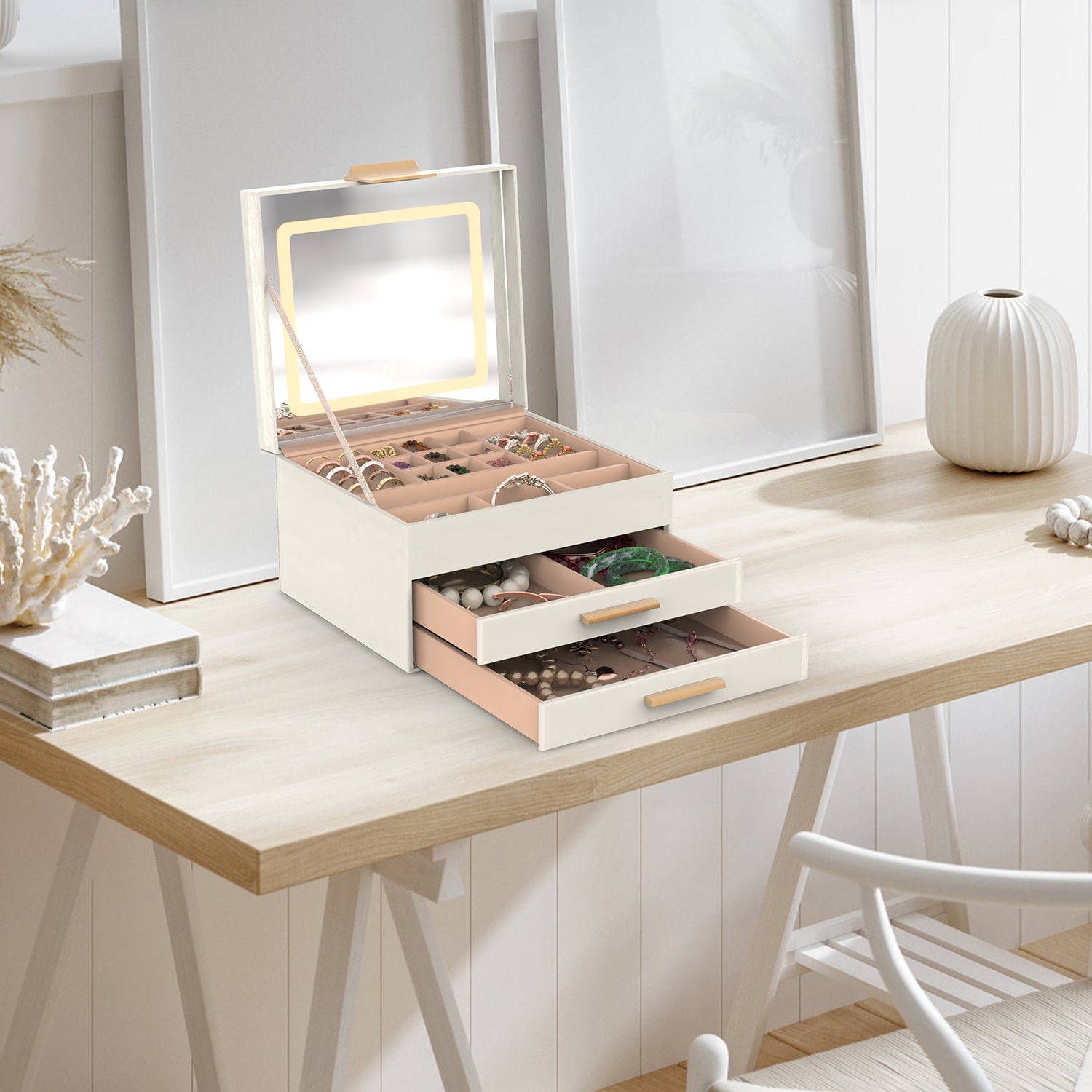 LED Lighted Jewelry Box Organizer | 3-Tier Storage with Touch Mirror & Velvet Lining | Gift for Her