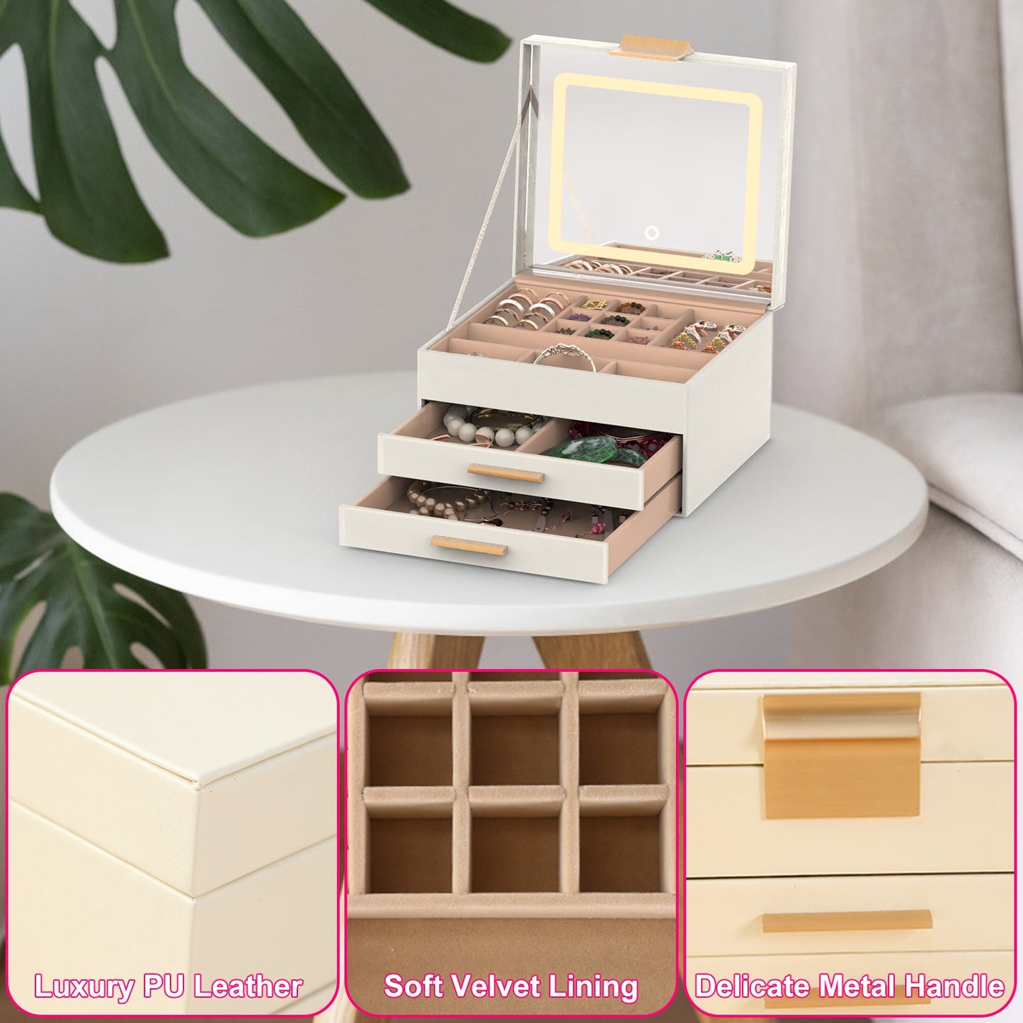 LED Lighted Jewelry Box Organizer | 3-Tier Storage with Touch Mirror & Velvet Lining | Gift for Her