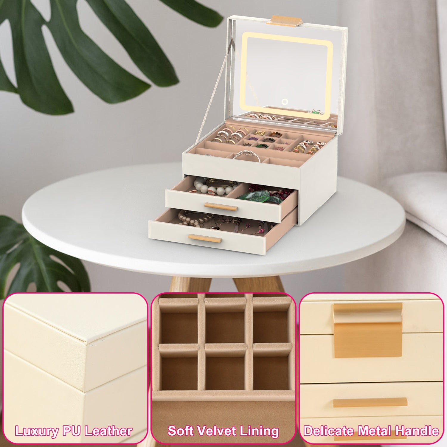 LED Lighted Jewelry Box Organizer | 3-Tier Storage with Touch Mirror & Velvet Lining | Gift for Her