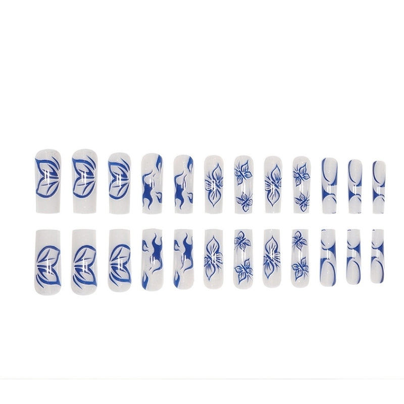 Blue Butterfly Press-On Nails | 24-Piece Long Square Fake Nail Set