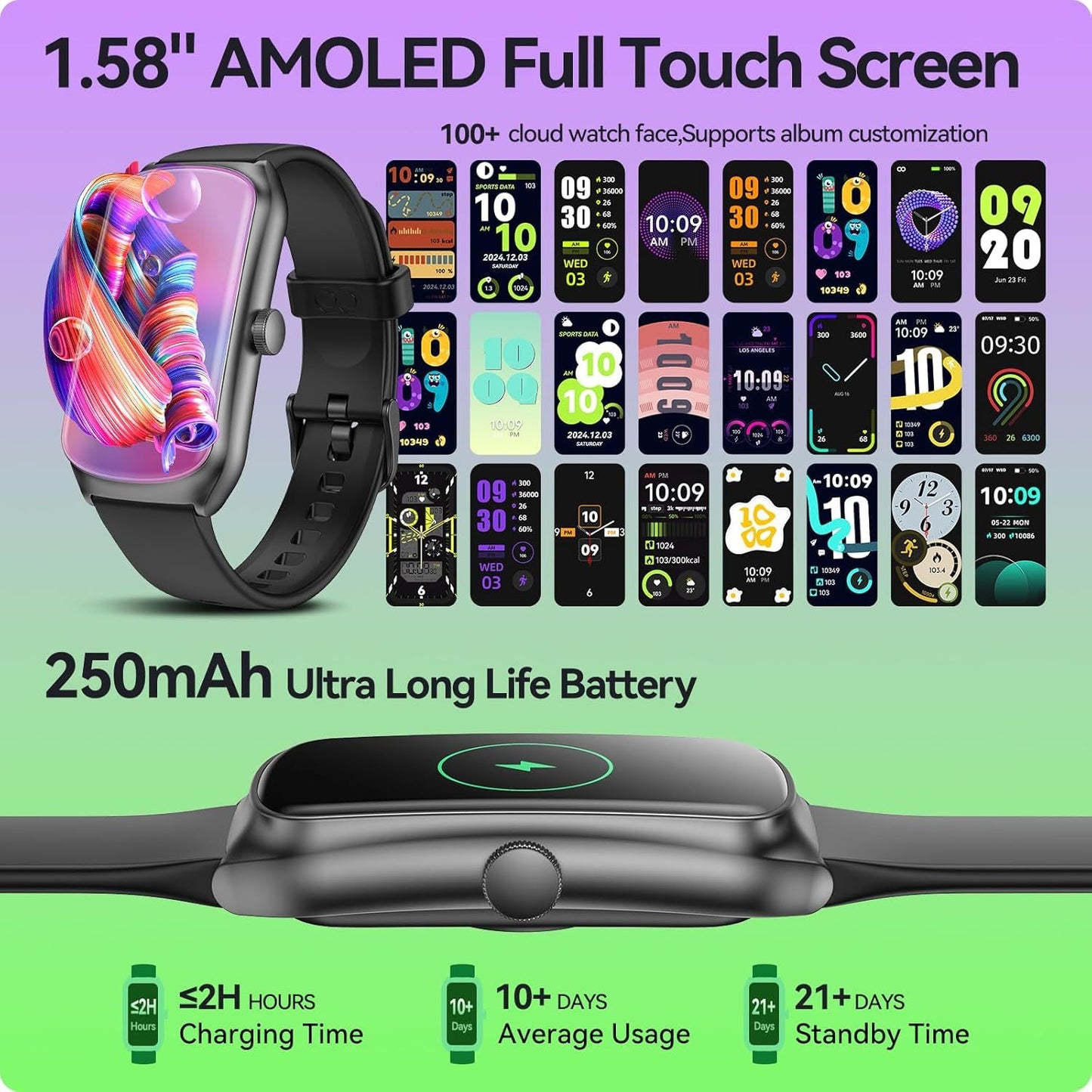 AMOLED Fitness Smartwatch - Heart Rate Monitor, Sleep Tracker, 100+ Sports Modes, IP68 Waterproof