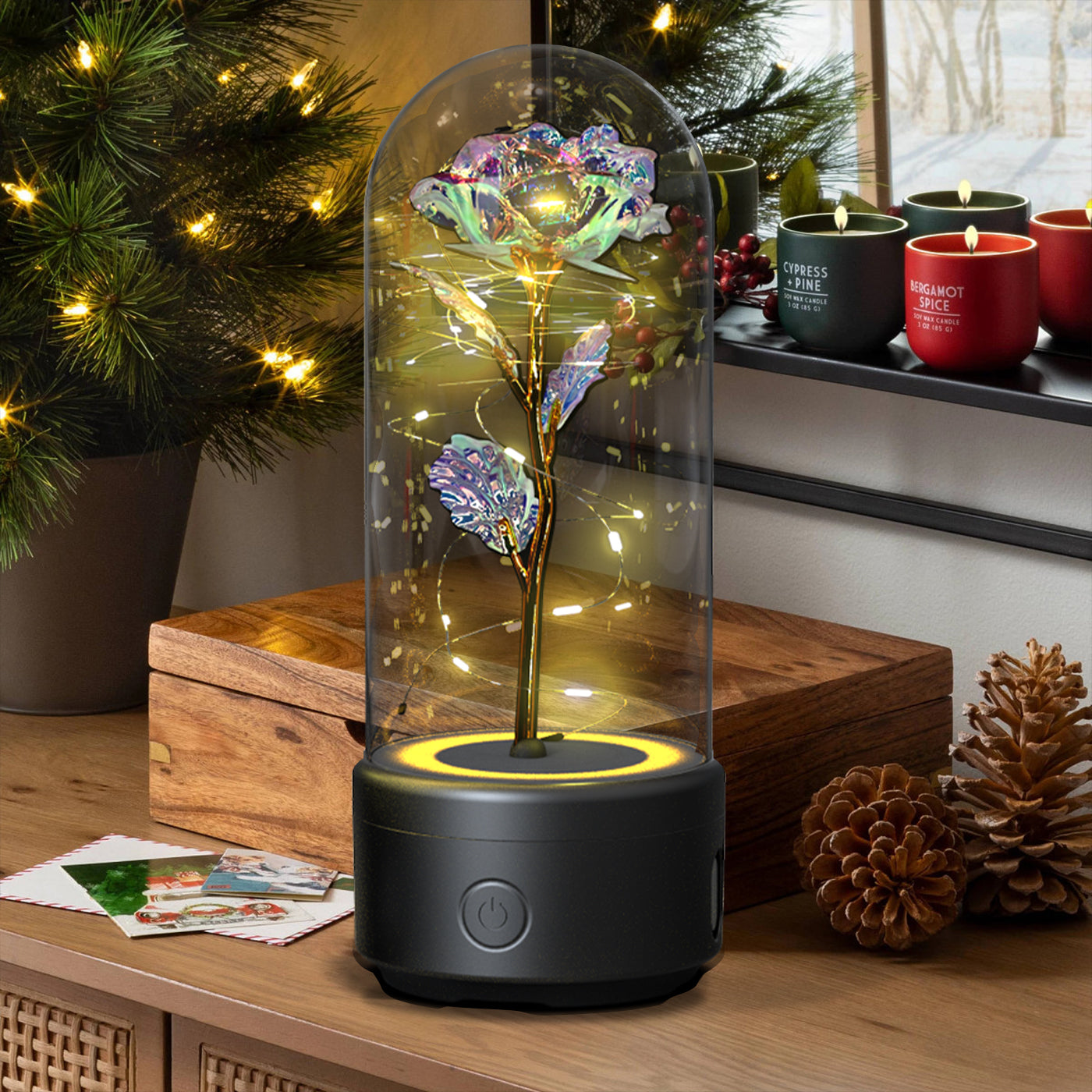 Enchanted Rose LED Light with Bluetooth Speaker - Romantic Glass Dome Night Light for Valentine's Day & Home Decor