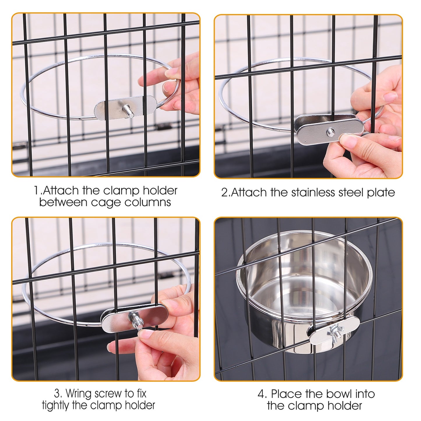 Stainless Steel Hanging Dog Bowl with Clamp - No-Spill Detachable Pet Feeder for Crates & Cages