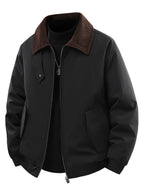 Men's Corduroy Collar Zip-Up Jacket – 95% Polyester, Stretch Fit & Multi-Pocket