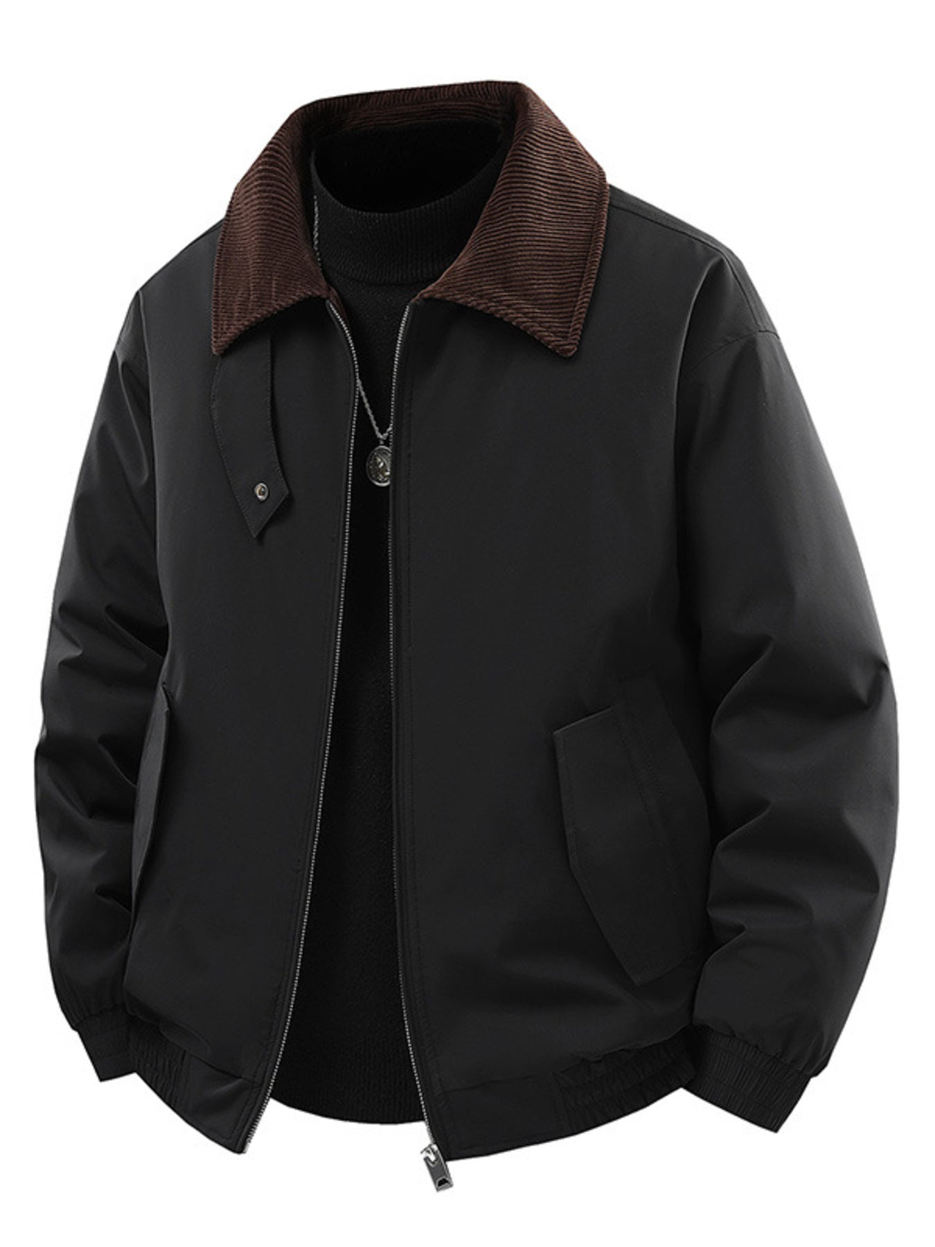 Men's Corduroy Collar Zip-Up Jacket – 95% Polyester, Stretch Fit & Multi-Pocket