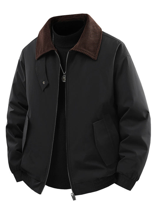 Men's Corduroy Collar Zip-Up Jacket – 95% Polyester, Stretch Fit & Multi-Pocket