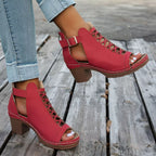 Women's Buckle Block Heel Sandals – Mid Heel PU Leather