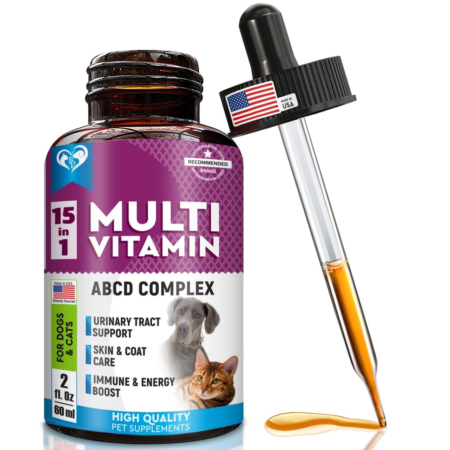 Pet Multivitamin Liquid - 15-in-1 Joint, Urinary & Skin Support for Dogs & Cats