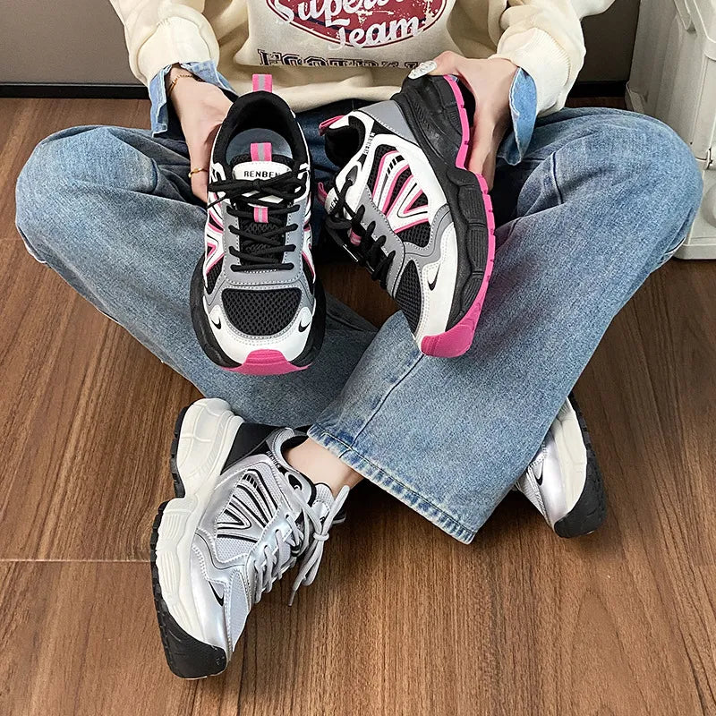 Women's Lace-Up Platform Athletic Shoes | Breathable Mesh & PU Leather Sneakers