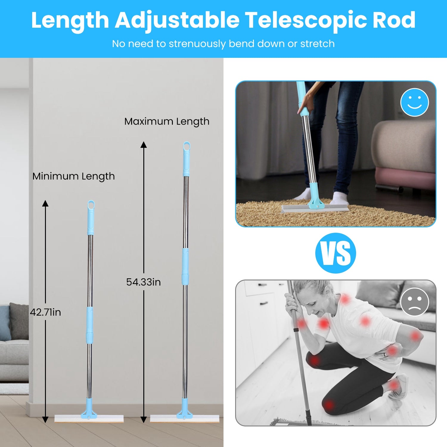 Extendable Pet Hair Remover Rake - 54" Telescopic Copper Blade for Furniture, Carpet & Upholstery