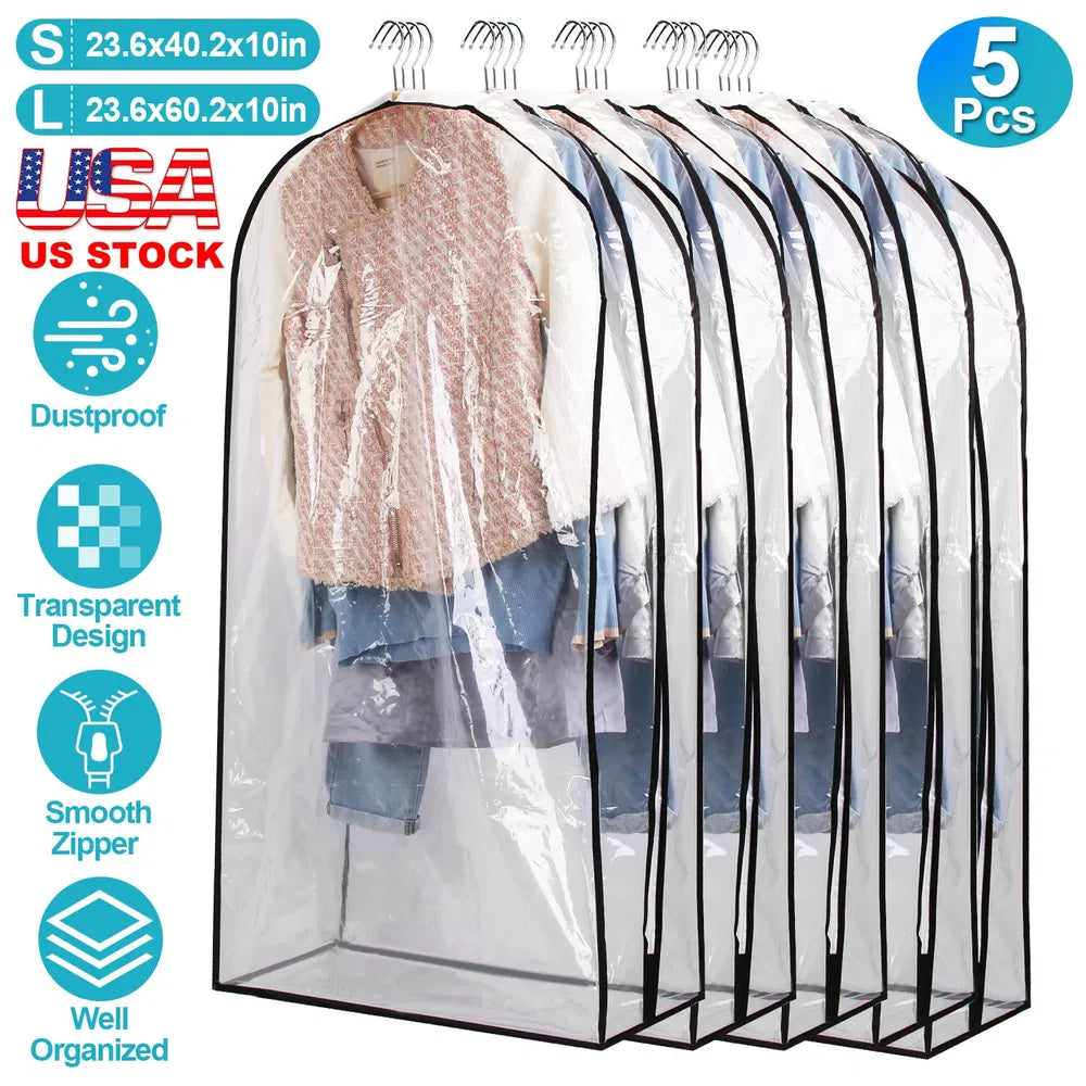 5-Pack Clear Garment Bags - Waterproof Dust-Proof Hanging Clothes Storage for Suits, Dresses & Coats