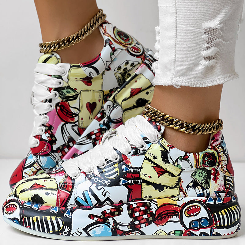 Women's Geometric Print Low-Top Sneakers | Lace-Up Casual Shoes with Thick Rubber Sole