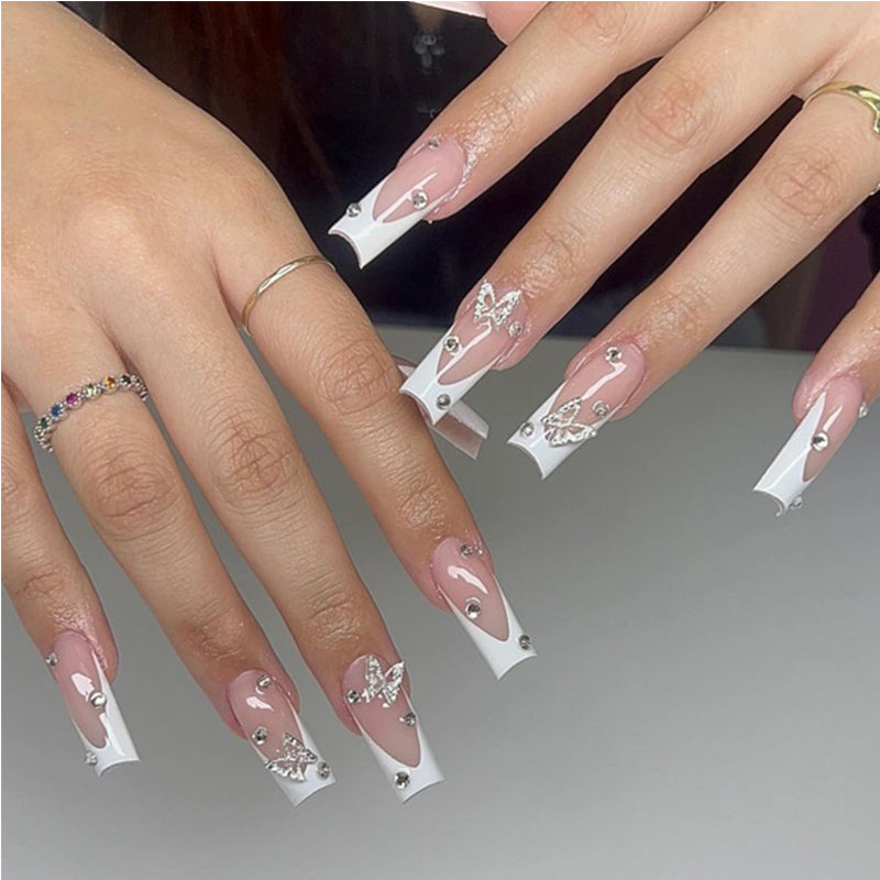 Diamond Butterfly Press-On Nails | 24-Piece Long Square Tip Set