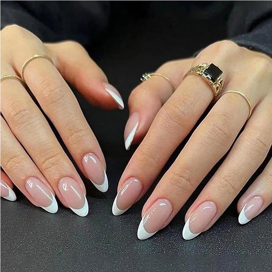 24 PCS Minimalist Nail Art With Short Circles Press On Nails Short Almond Fake Nails Oval French Tip False Nails