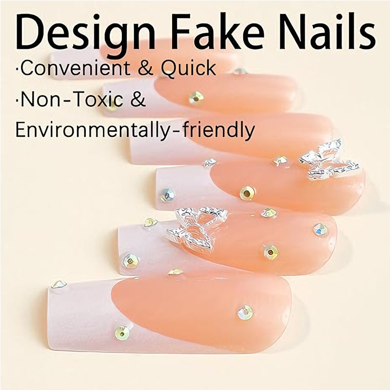 Diamond Butterfly Press-On Nails | 24-Piece Long Square Tip Set