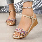 Women's Ankle Strap Wedge Sandals – Low Heel PU Leather Summer Sandals