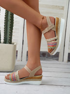 Women's Braided Rainbow Platform Wedge Sandals – Mid Heel Boho