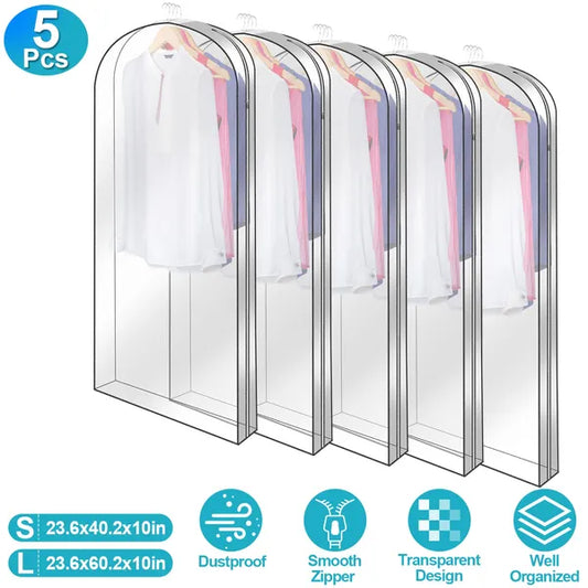 5-Pack Clear Garment Bags - Waterproof Dust-Proof Hanging Clothes Storage for Suits, Dresses & Coats