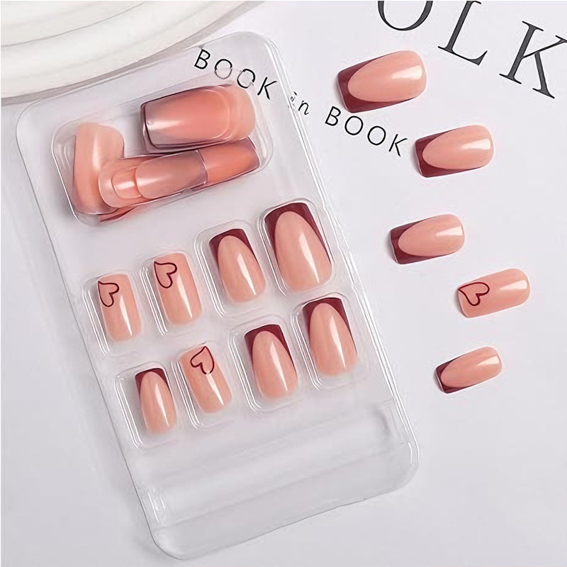 24 PCS Valentine's Day Press On Nails – French Tip Wine Red Heart False Nail Set