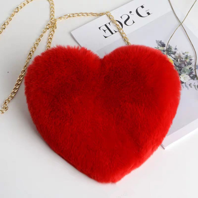 Heart-Shaped Plush Crossbody Bag – Valentine's Day Chain Shoulder Purse for Women