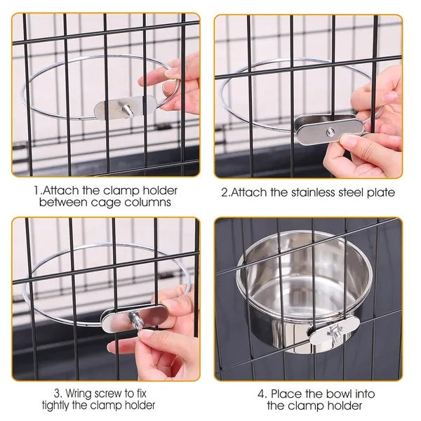 No-Spill Stainless Steel Crate Dog Bowl with Clamp Holder