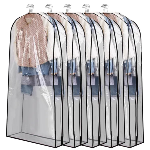 5-Pack Clear Garment Bags - Waterproof Dust-Proof Hanging Clothes Storage for Suits, Dresses & Coats