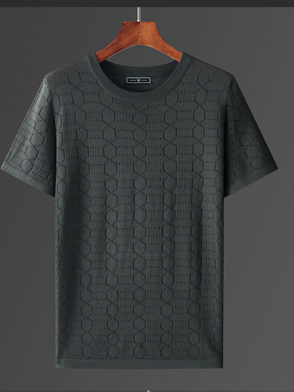 Men's Plus Size Round Neck T-Shirt – Ribbed Geometric Texture, 100% Polyester