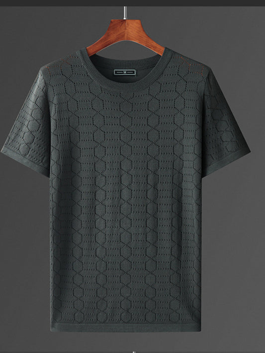 Men's Plus Size Round Neck T-Shirt – Ribbed Geometric Texture, 100% Polyester