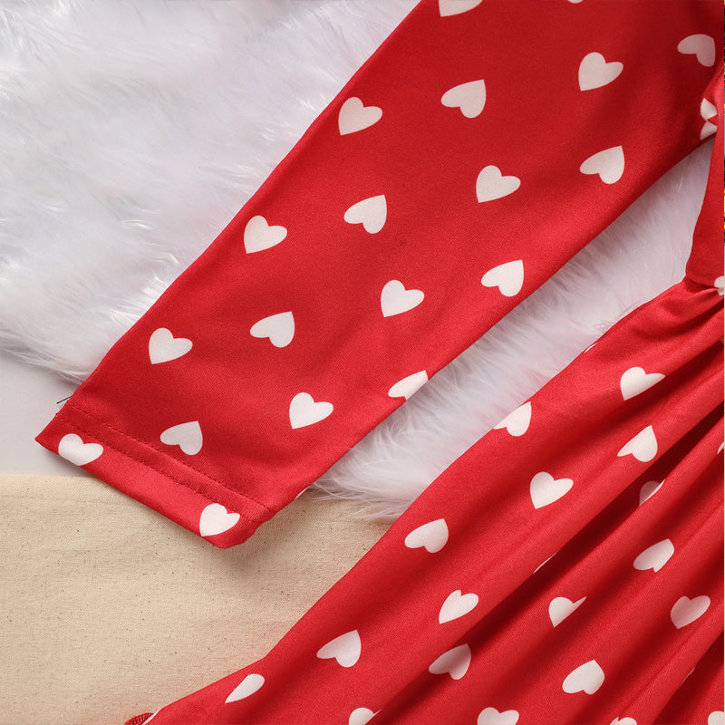 Toddler Girl's LOVE Embroidered Valentine Dress | Heart Print Long Sleeve A-Line with Ruffle Hem