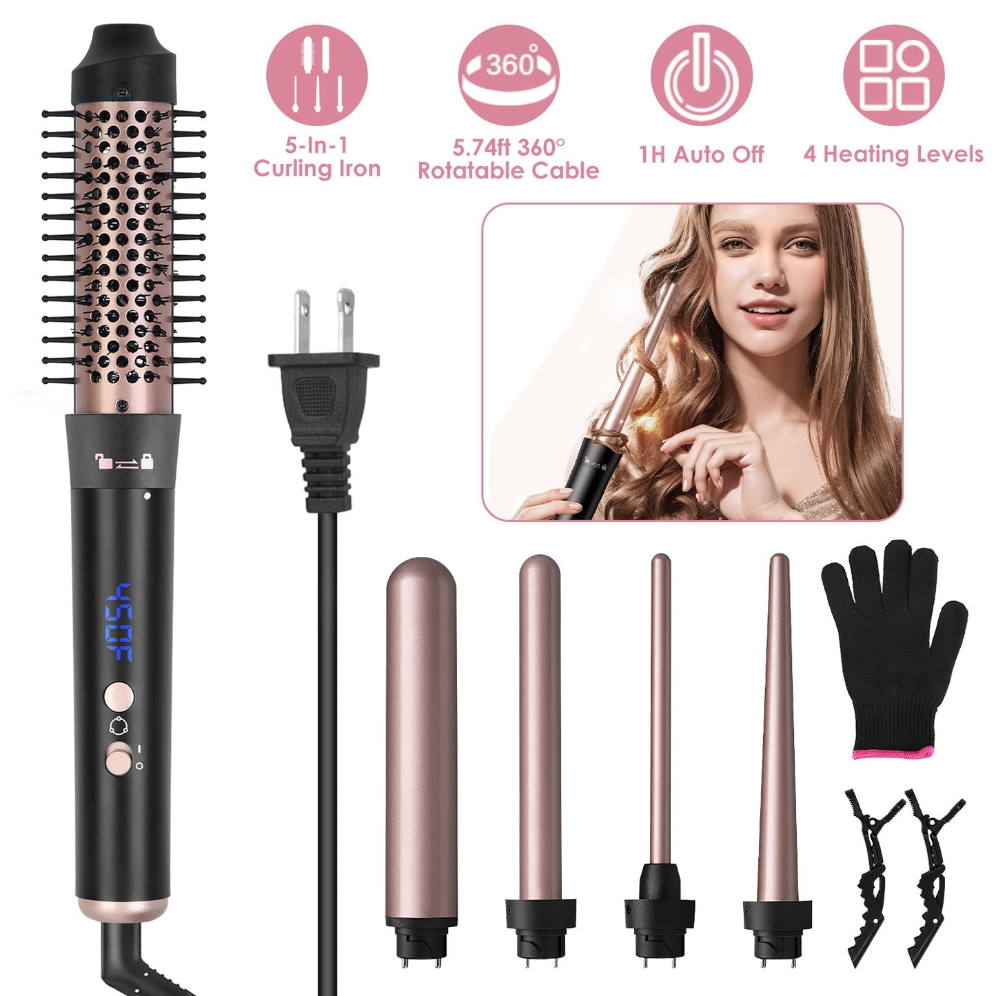 5-in-1 Professional Curling Wand Set – 4 Interchangeable Ceramic Barrels, LCD Display & Auto Shut-Off