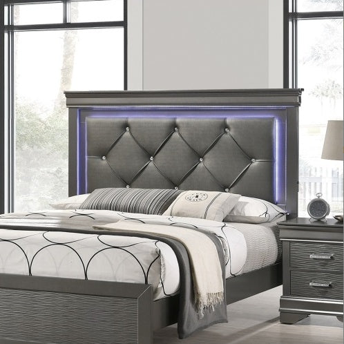 Queen Bed Frame with LED Tufted Headboard - Modern Gray Faux Leather Platform Bed