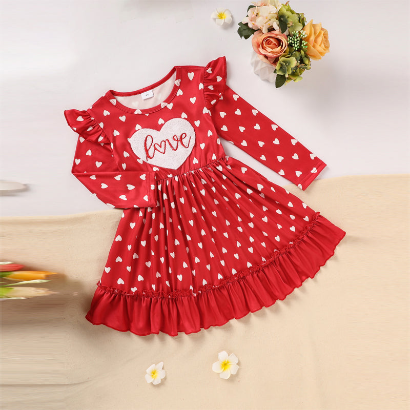 Toddler Girl's LOVE Embroidered Valentine Dress | Heart Print Long Sleeve A-Line with Ruffle Hem