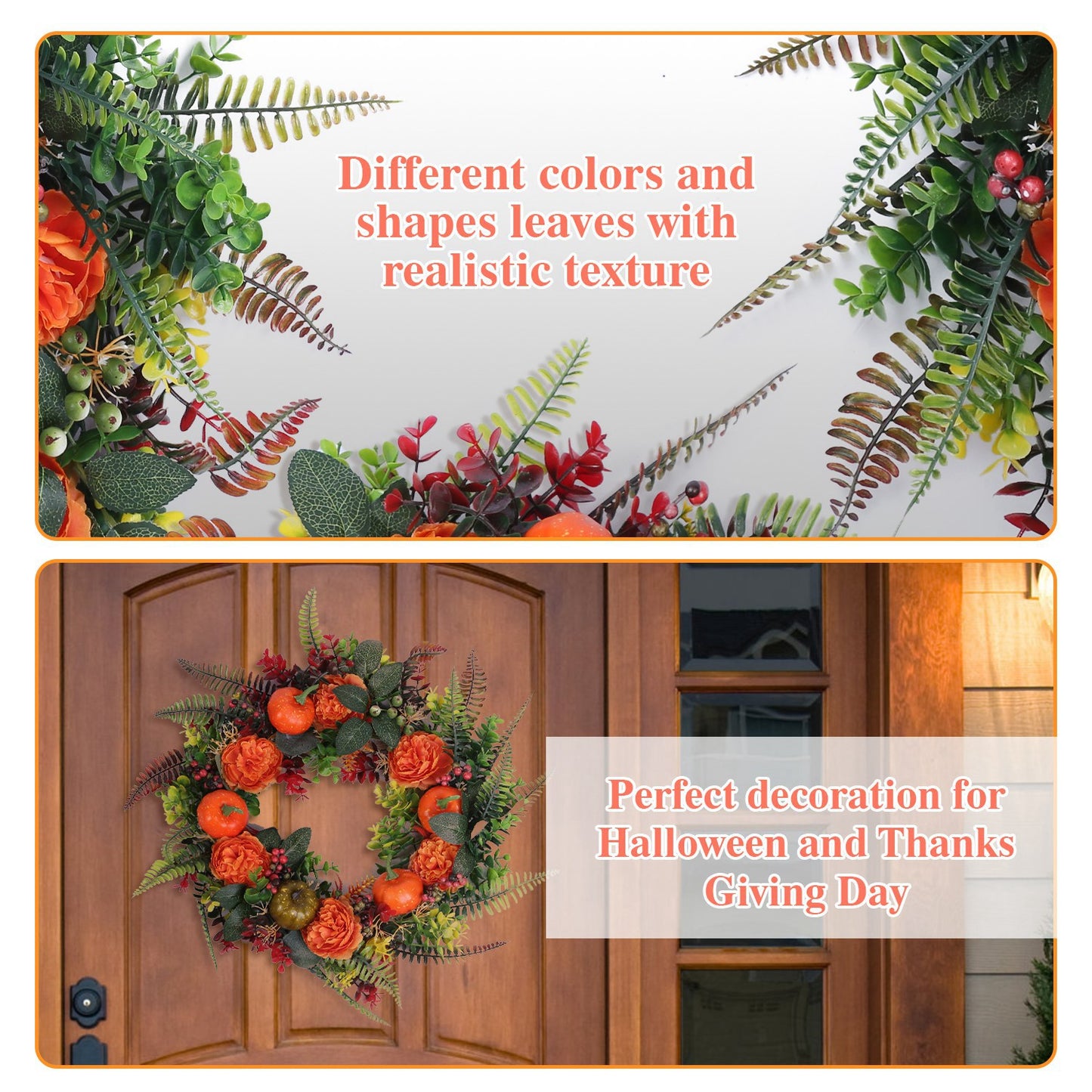 17.7" Fall Wreath for Front Door - Autumn Pumpkin & Berry Harvest Decoration