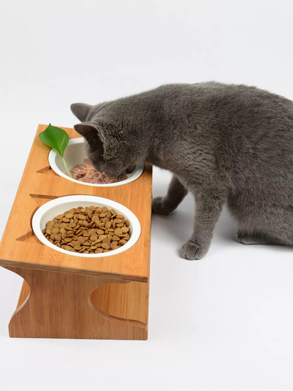 Elevated Double Ceramic Pet Bowls with Bamboo Stand | Raised Feeder for Dogs & Cats